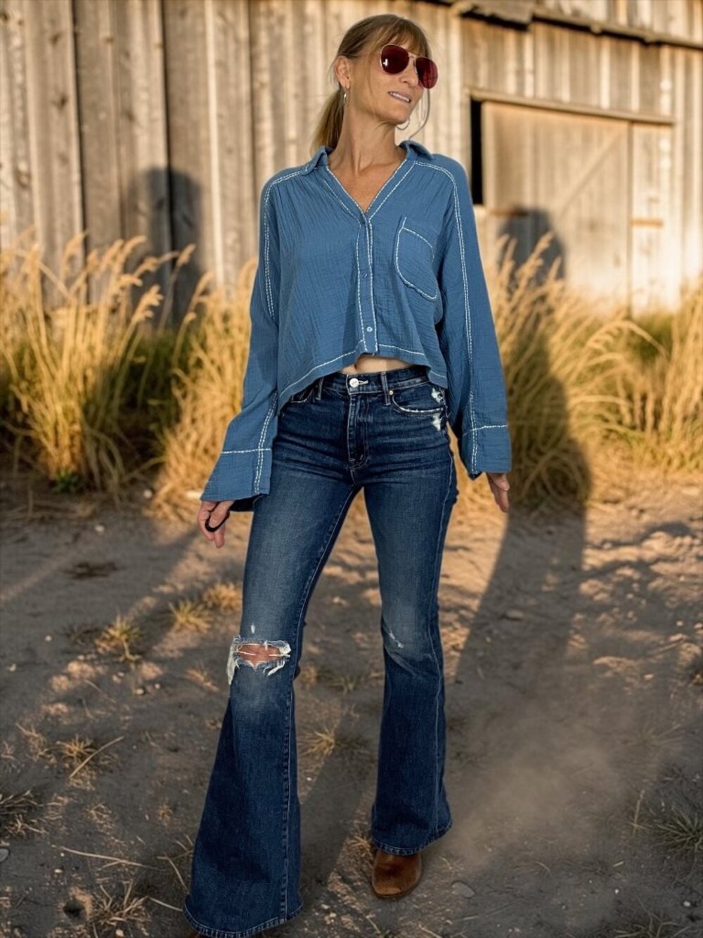 7 For All Mankind 7FAM Cropped Button Front Shirt M Blue Western NEW